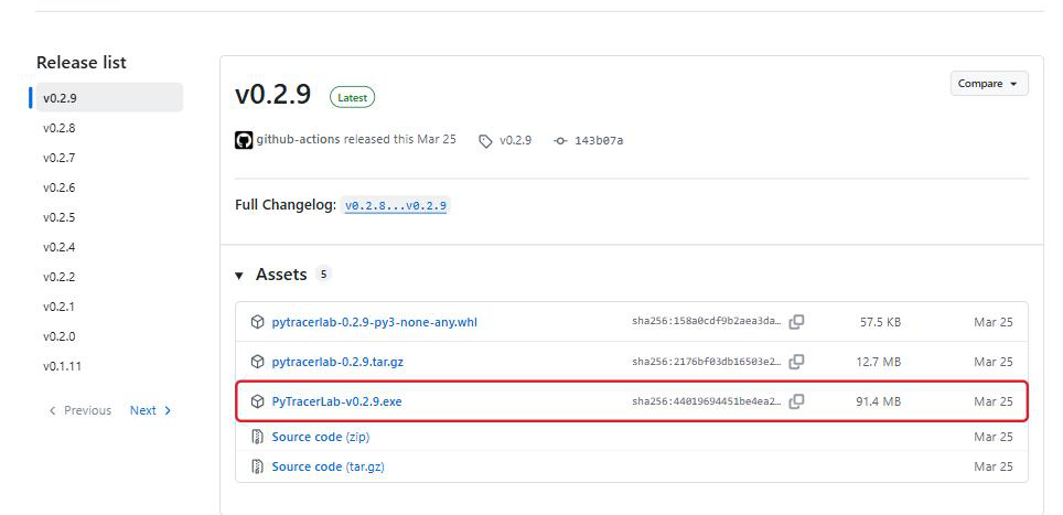 The releases page. Under the newest version, the Assets list is open and the file PyTracerLab-v0.2.9.exe is outlined in red.