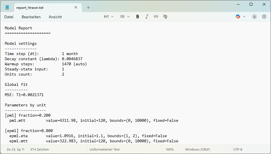 An example report after parameter inference (calibration); case of one tracer.